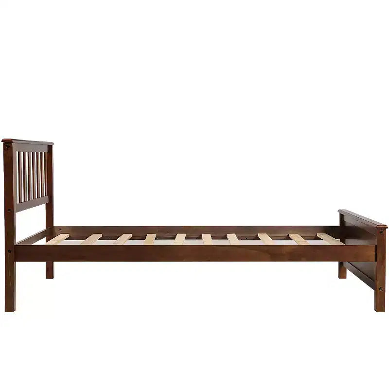 Letto a piattaforma in legno per letto singolo con testiera, pediera e doghe in legno, noce