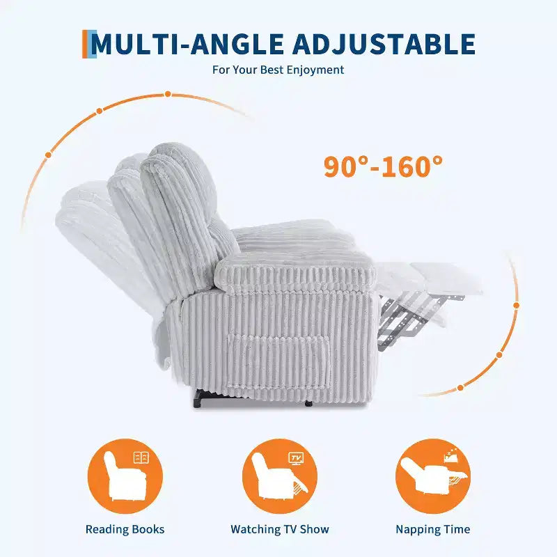 Divano reclinabile manuale, Poltrona reclinabile in velluto a coste, Reclinabile regolabile, Braccioli con cuscini, Imbottitura spessa, Capacità 180 kg, per camera da letto, home theater