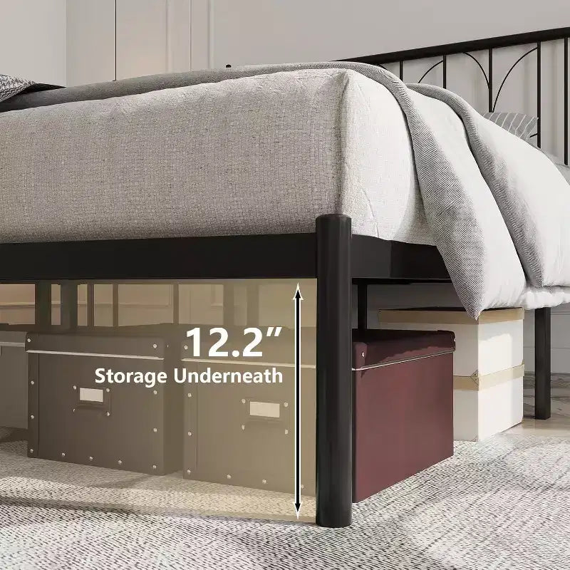 Struttura Letto Matrimoniale in Metallo - Base Letto a Piattaforma Robusta con Spazio Contenitore, Supporti in Acciaio, Nessuna Rete a Molle Necessaria, Facile da Montare, Silenziosa, Nera