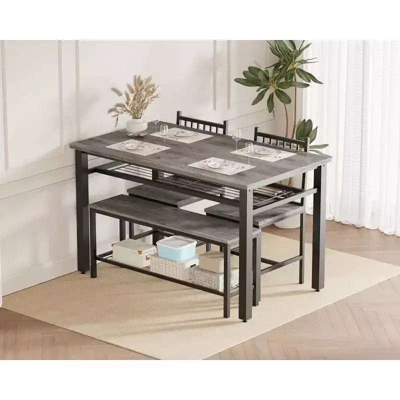 Set da pranzo per 4 persone, tavolo da cucina marrone con 2 sedie e panca, tavolo e panca con spazio contenitore, set da pranzo di 4 pezzi per spazi piccoli