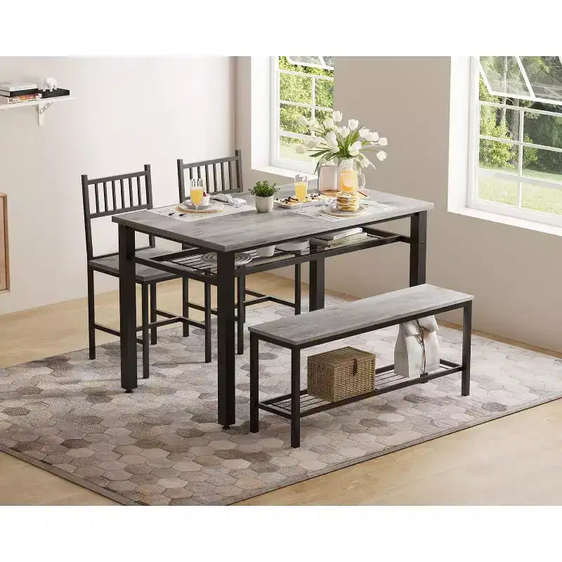 Set da pranzo per 4 persone, tavolo da cucina marrone con 2 sedie e panca, tavolo e panca con spazio contenitore, set da pranzo di 4 pezzi per spazi piccoli