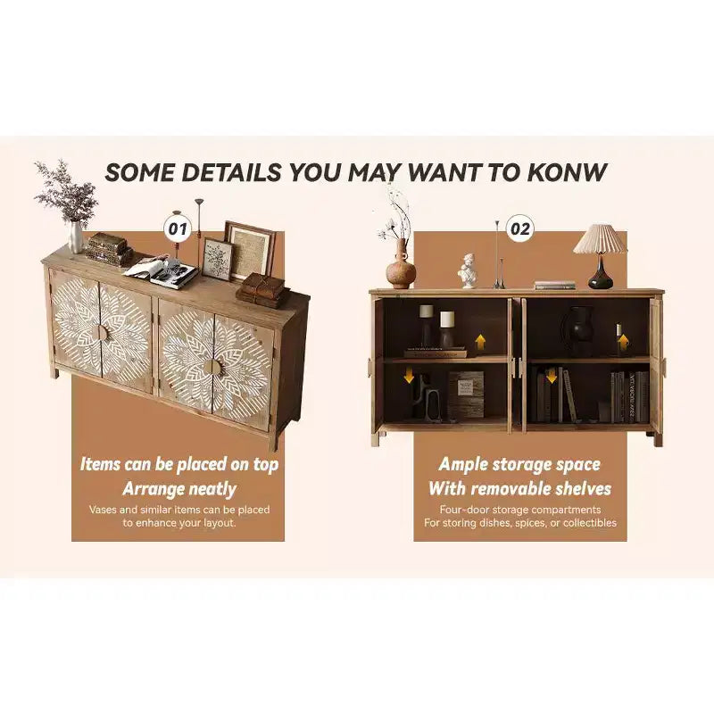 GDFStudio Andre, mobile credenza rustico in legno di abete con 4 ante, 152,4 cm
