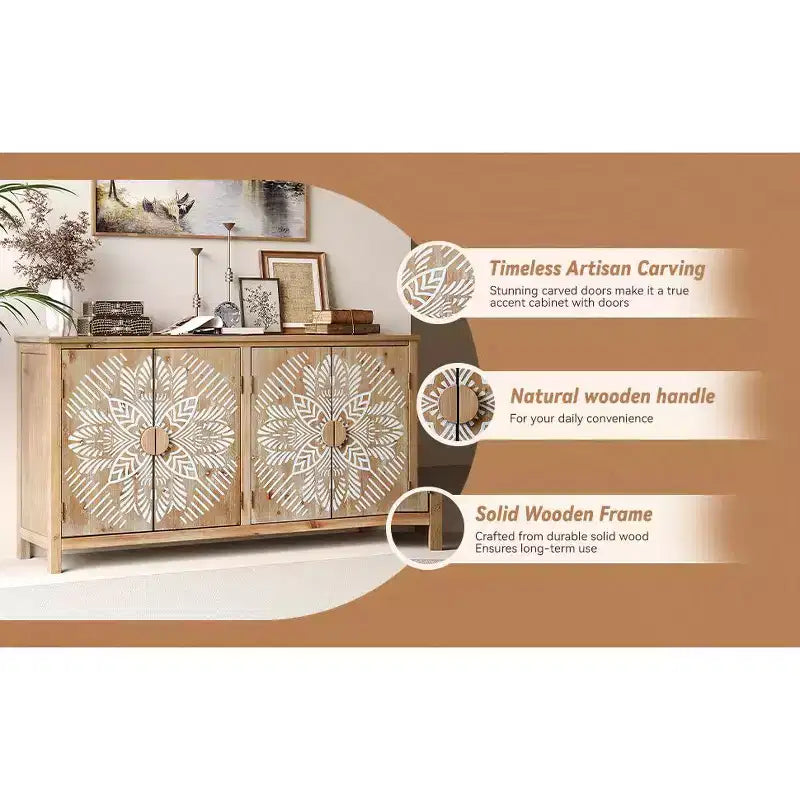 GDFStudio Andre, mobile credenza rustico in legno di abete con 4 ante, 152,4 cm