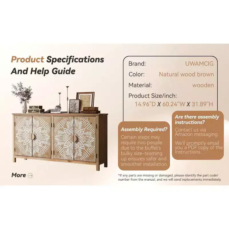 GDFStudio Andre, mobile credenza rustico in legno di abete con 4 ante, 152,4 cm