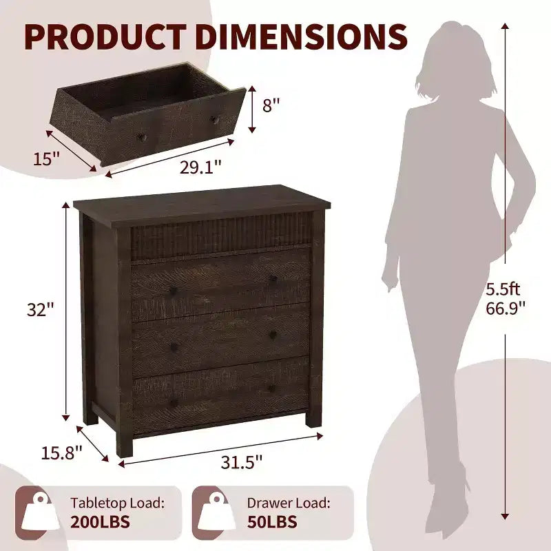 Comò e comodino scanalati a 3 cassetti, cassettiera in legno con contenitore per camera da letto, soggiorno, corridoio o ingresso
