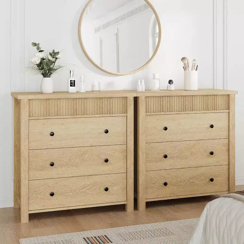 Comò e comodino scanalati a 3 cassetti, cassettiera in legno con contenitore per camera da letto, soggiorno, corridoio o ingresso
