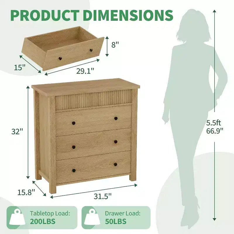 Comò e comodino scanalati a 3 cassetti, cassettiera in legno con contenitore per camera da letto, soggiorno, corridoio o ingresso