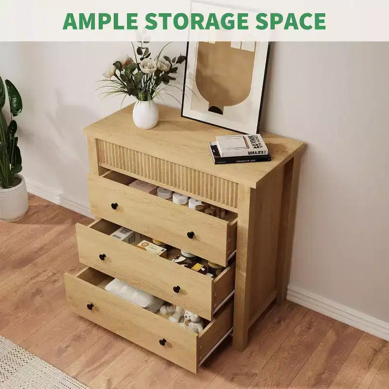 Comò e comodino scanalati a 3 cassetti, cassettiera in legno con contenitore per camera da letto, soggiorno, corridoio o ingresso