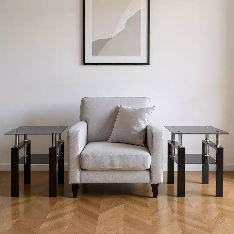 HomeRoots Set di due tavolini quadrati in vetro nero e metallo con ripiano