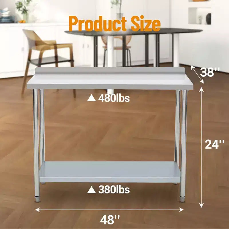 Tavolo in acciaio inox 48x24, tavolo da lavoro commerciale in metallo resistente con ripiani e pannello posteriore per cucine di ristoranti, casa, hotel, preparazione alimentare