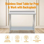 Tavolo in acciaio inox 48x24, tavolo da lavoro commerciale in metallo resistente con ripiani e pannello posteriore per cucine di ristoranti, casa, hotel, preparazione alimentare