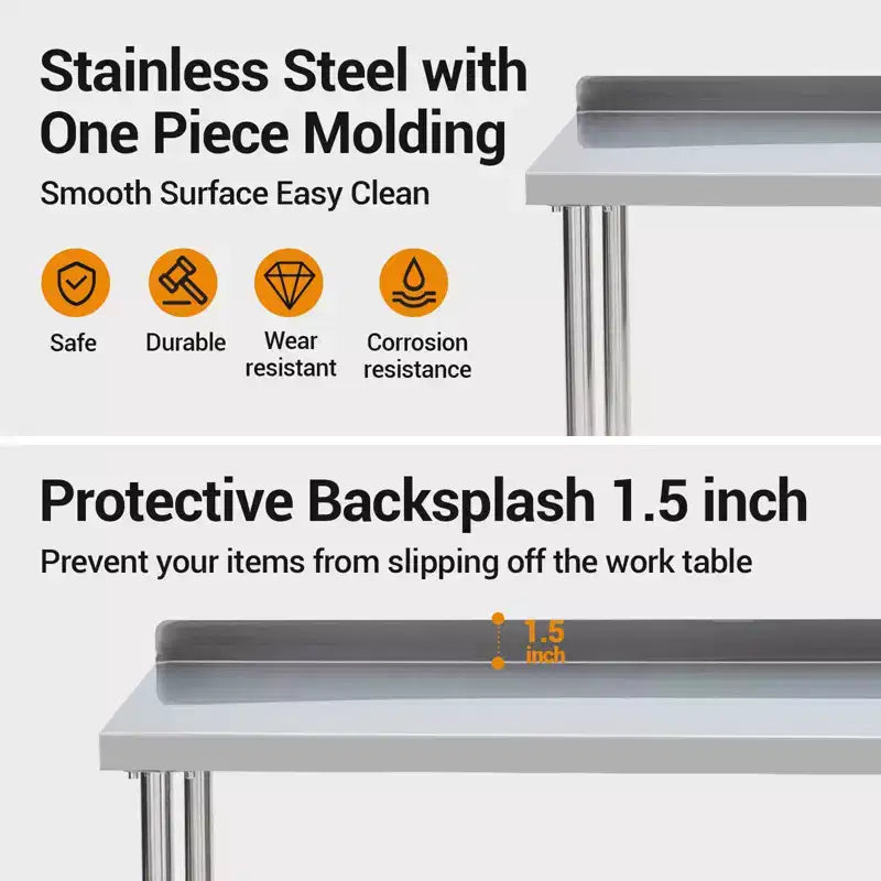 Tavolo in acciaio inox 48x24, tavolo da lavoro commerciale in metallo resistente con ripiani e pannello posteriore per cucine di ristoranti, casa, hotel, preparazione alimentare