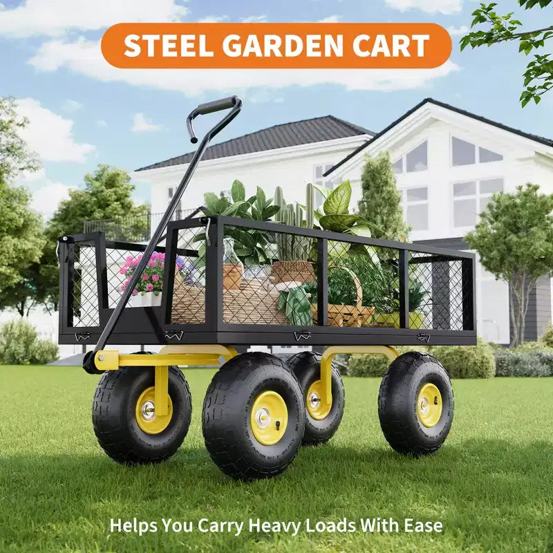 Carrello - Carrello da Esterno Pieghevole Heavy-Duty con Pneumatici Multi-Terreno da 10 pollici | Capacità 500 libbre, 4 Sponde Laterali Rimovibili in Rete, Maniglia Girevole a 180 gradi per Cucina, Patio