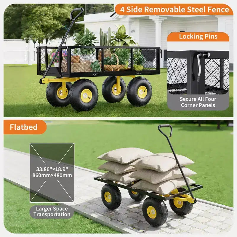 Carrello - Carrello da Esterno Pieghevole Heavy-Duty con Pneumatici Multi-Terreno da 10 pollici | Capacità 500 libbre, 4 Sponde Laterali Rimovibili in Rete, Maniglia Girevole a 180 gradi per Cucina, Patio