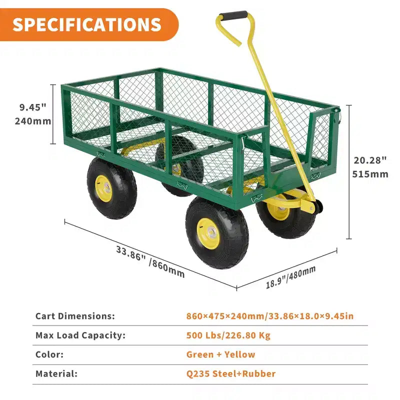 Carrello - Carrello da Esterno Pieghevole Heavy-Duty con Pneumatici Multi-Terreno da 10 pollici | Capacità 500 libbre, 4 Sponde Laterali Rimovibili in Rete, Maniglia Girevole a 180 gradi per Cucina, Patio