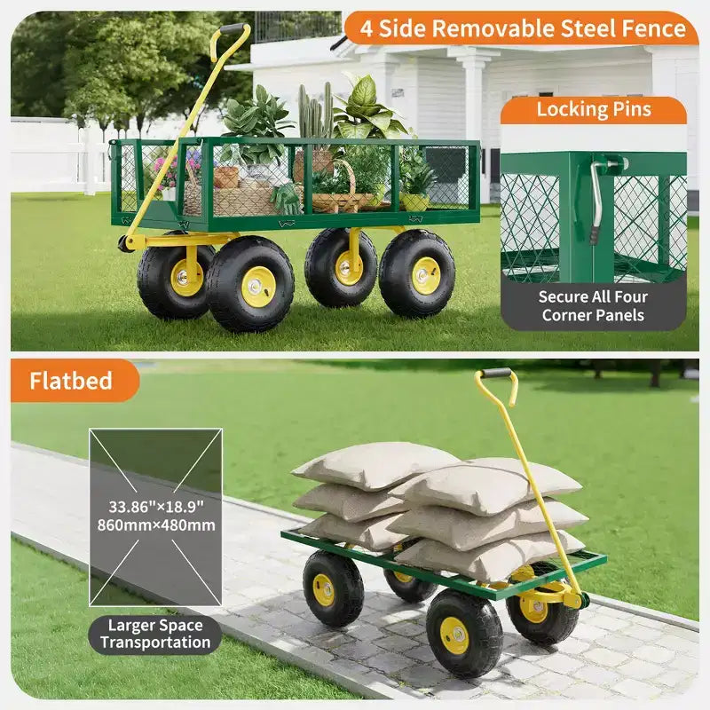 Carrello - Carrello da Esterno Pieghevole Heavy-Duty con Pneumatici Multi-Terreno da 10 pollici | Capacità 500 libbre, 4 Sponde Laterali Rimovibili in Rete, Maniglia Girevole a 180 gradi per Cucina, Patio