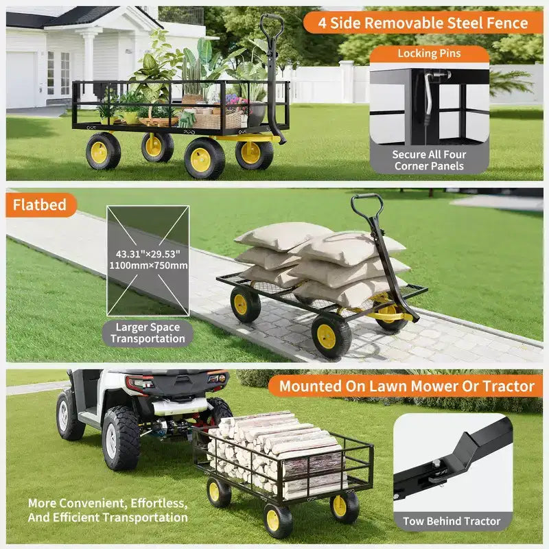 Carrello - Carrello da Esterno Pieghevole Heavy-Duty con Pneumatici Multi-Terreno da 10 pollici | Capacità 500 libbre, 4 Sponde Laterali Rimovibili in Rete, Maniglia Girevole a 180 gradi per Cucina, Patio