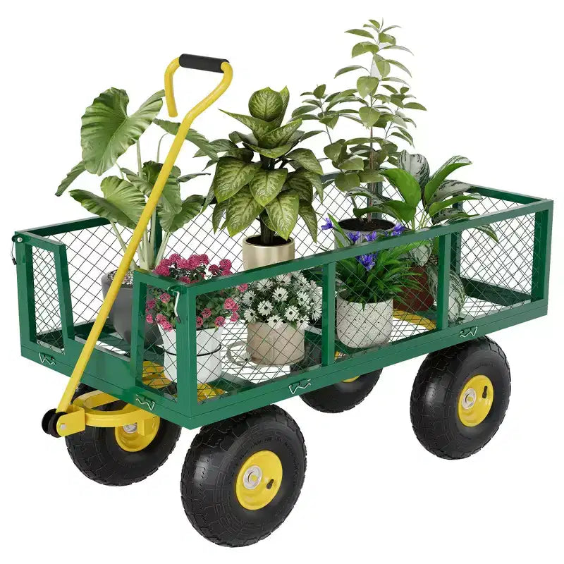 Carrello - Carrello da Esterno Pieghevole Heavy-Duty con Pneumatici Multi-Terreno da 10 pollici | Capacità 500 libbre, 4 Sponde Laterali Rimovibili in Rete, Maniglia Girevole a 180 gradi per Cucina, Patio