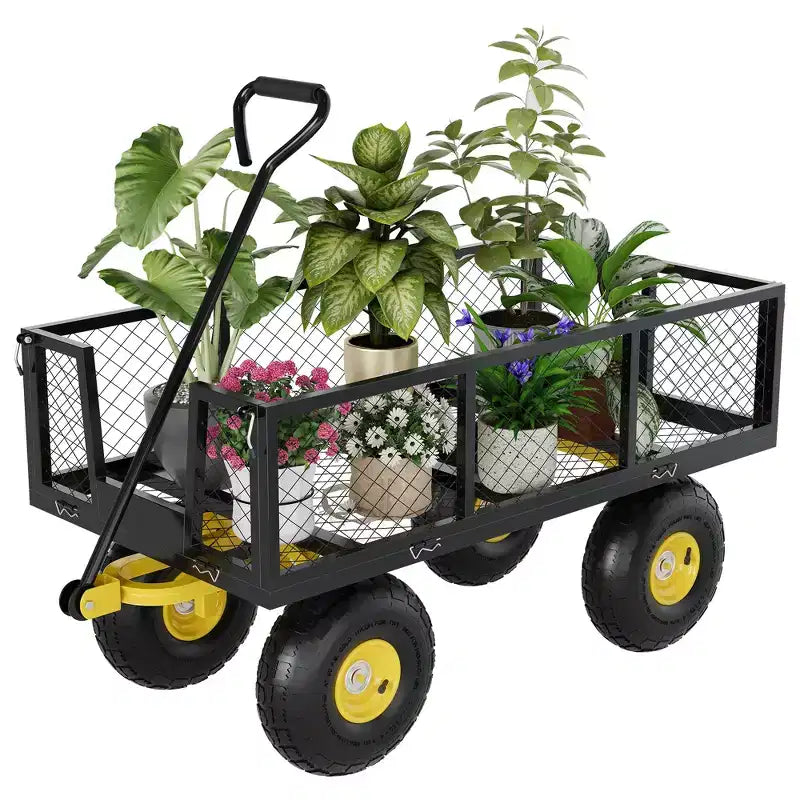 Carrello - Carrello da Esterno Pieghevole Heavy-Duty con Pneumatici Multi-Terreno da 10 pollici | Capacità 500 libbre, 4 Sponde Laterali Rimovibili in Rete, Maniglia Girevole a 180 gradi per Cucina, Patio