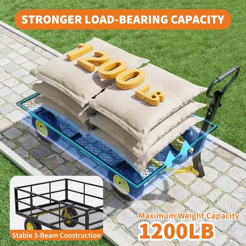 Carrello - Carrello da Esterno Pieghevole Heavy-Duty con Pneumatici Multi-Terreno da 10 pollici | Capacità 500 libbre, 4 Sponde Laterali Rimovibili in Rete, Maniglia Girevole a 180 gradi per Cucina, Patio