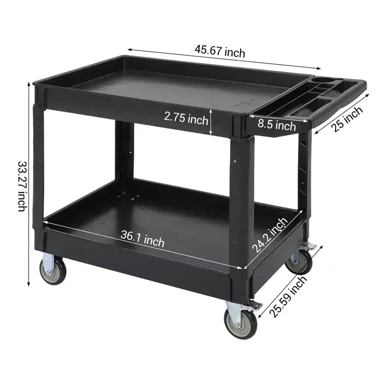 Carrello, Carrello di servizio multiuso, Carrello di utilità a 2 ripiani in plastica con ruote girevoli a 360°, Resistente da 226 kg per cucina, magazzino, garage