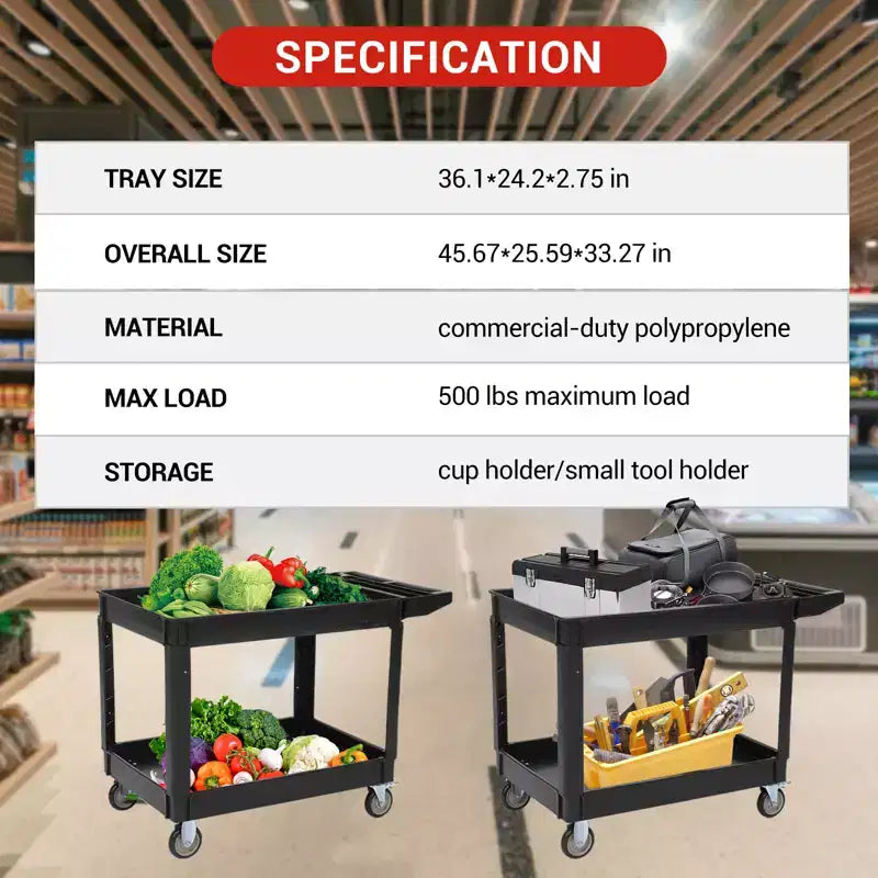 Carrello, Carrello di servizio multiuso, Carrello di utilità a 2 ripiani in plastica con ruote girevoli a 360°, Resistente da 226 kg per cucina, magazzino, garage