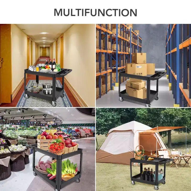 Carrello, Carrello di servizio multiuso, Carrello di utilità a 2 ripiani in plastica con ruote girevoli a 360°, Resistente da 226 kg per cucina, magazzino, garage