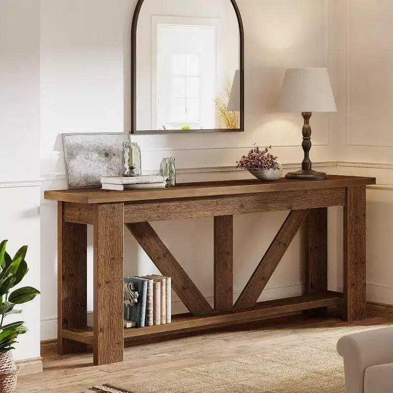 Tavolo Consolle Lantine a 2 Livelli in Legno Massello, Tavolo da Ingresso Extra Lungo da 180 cm, Tavolo da Divano Dietro al Divano per Soggiorno, Corridoio, Atrio