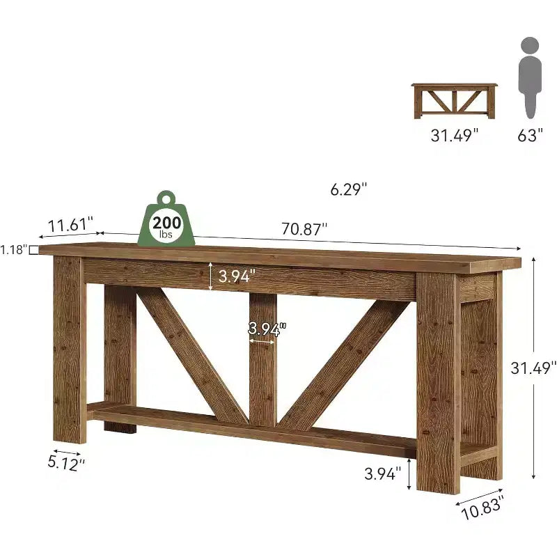 Tavolo Consolle Lantine a 2 Livelli in Legno Massello, Tavolo da Ingresso Extra Lungo da 180 cm, Tavolo da Divano Dietro al Divano per Soggiorno, Corridoio, Atrio