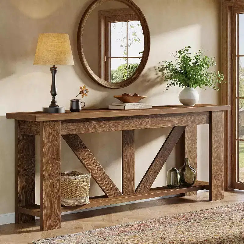Tavolo Consolle Lantine a 2 Livelli in Legno Massello, Tavolo da Ingresso Extra Lungo da 180 cm, Tavolo da Divano Dietro al Divano per Soggiorno, Corridoio, Atrio