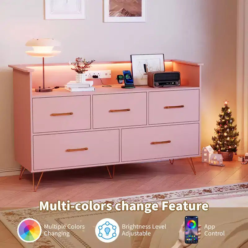 COZONY Cassettiera in legno a 5 cassetti con mensola espositiva, mobile contenitore moderno per camera da letto, soggiorno, ingresso