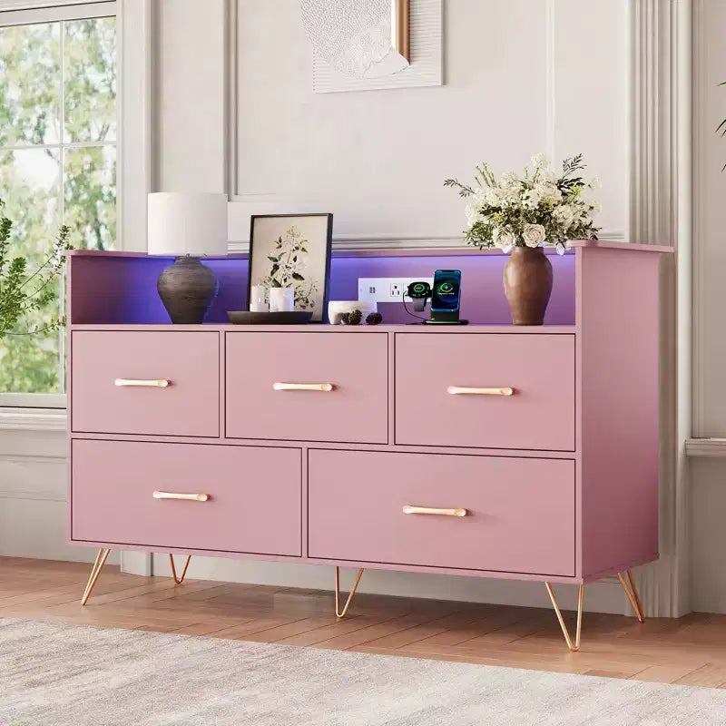 COZONY Cassettiera in legno a 5 cassetti con mensola espositiva, mobile contenitore moderno per camera da letto, soggiorno, ingresso