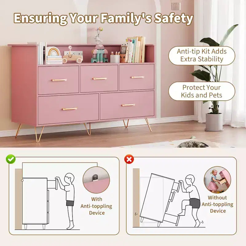 COZONY Cassettiera in legno a 5 cassetti con mensola espositiva, mobile contenitore moderno per camera da letto, soggiorno, ingresso