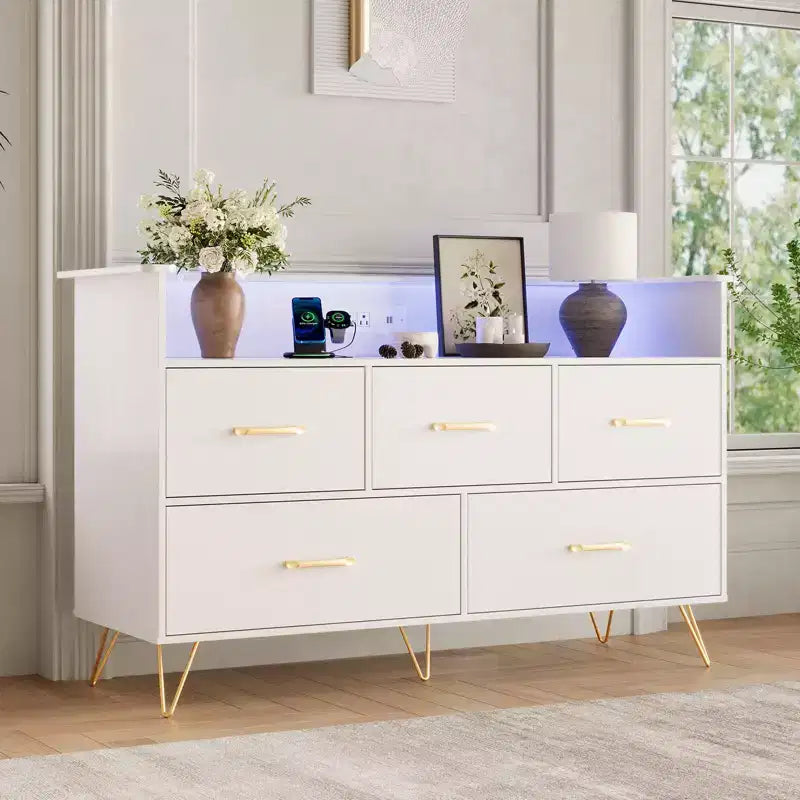 COZONY Cassettiera in legno a 5 cassetti con mensola espositiva, mobile contenitore moderno per camera da letto, soggiorno, ingresso
