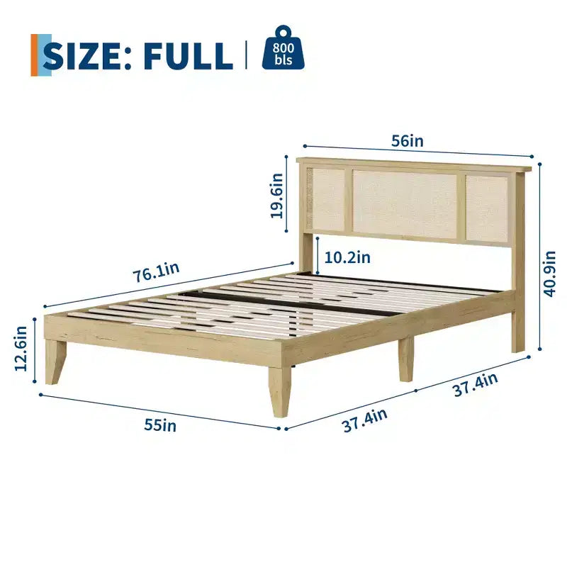 Struttura letto matrimoniale con testiera in rattan bohémien, base a doghe in legno e supporto del telaio in metallo, costruzione robusta e silenziosa, facile da montare.