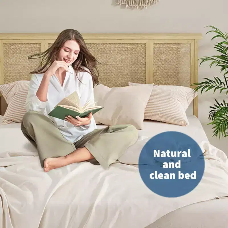 Struttura letto matrimoniale con testiera in rattan bohémien, base a doghe in legno e supporto del telaio in metallo, costruzione robusta e silenziosa, facile da montare.