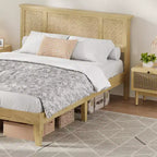 Struttura letto matrimoniale con testiera in rattan bohémien, base a doghe in legno e supporto del telaio in metallo, costruzione robusta e silenziosa, facile da montare.