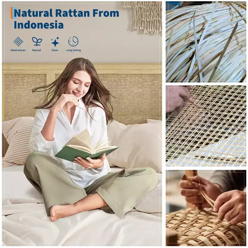 Struttura letto matrimoniale con testiera in rattan bohémien, base a doghe in legno e supporto del telaio in metallo, costruzione robusta e silenziosa, facile da montare.