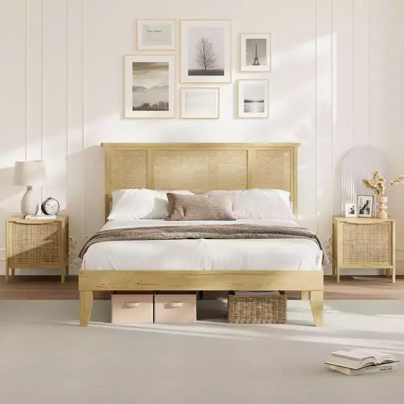 Struttura letto matrimoniale con testiera in rattan bohémien, base a doghe in legno e supporto del telaio in metallo, costruzione robusta e silenziosa, facile da montare.