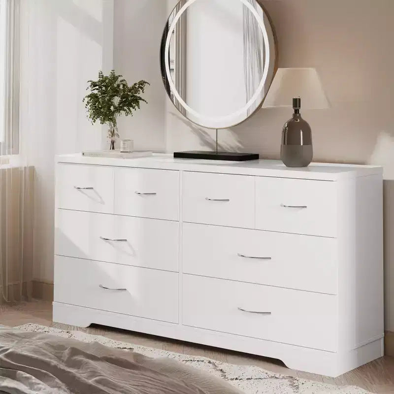 Cassettiera grande a 8 cassetti Heynemo per camera da letto, cassettiera moderna da 55 pollici, mobile TV con maniglie in metallo, organizer per cassetti in legno, bianco