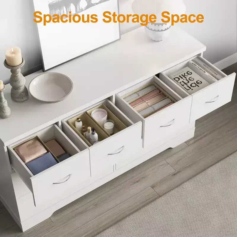 Cassettiera grande a 8 cassetti Heynemo per camera da letto, cassettiera moderna da 55 pollici, mobile TV con maniglie in metallo, organizer per cassetti in legno, bianco