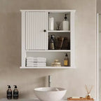 Mobiletto pensile Heynemo con anta scorrevole scanalata, Armadietto da bagno a parete con ripiani regolabili, Mobiletto sopra WC, Certificazioni TSCA ed EPA, Bianco