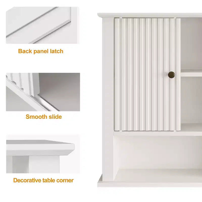 Mobiletto pensile Heynemo con anta scorrevole scanalata, Armadietto da bagno a parete con ripiani regolabili, Mobiletto sopra WC, Certificazioni TSCA ed EPA, Bianco