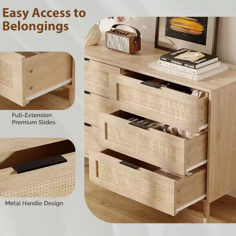 Cassettiera con 6 cassetti in rattan VINGIL, Comò in rattan, Cassettiera moderna in legno