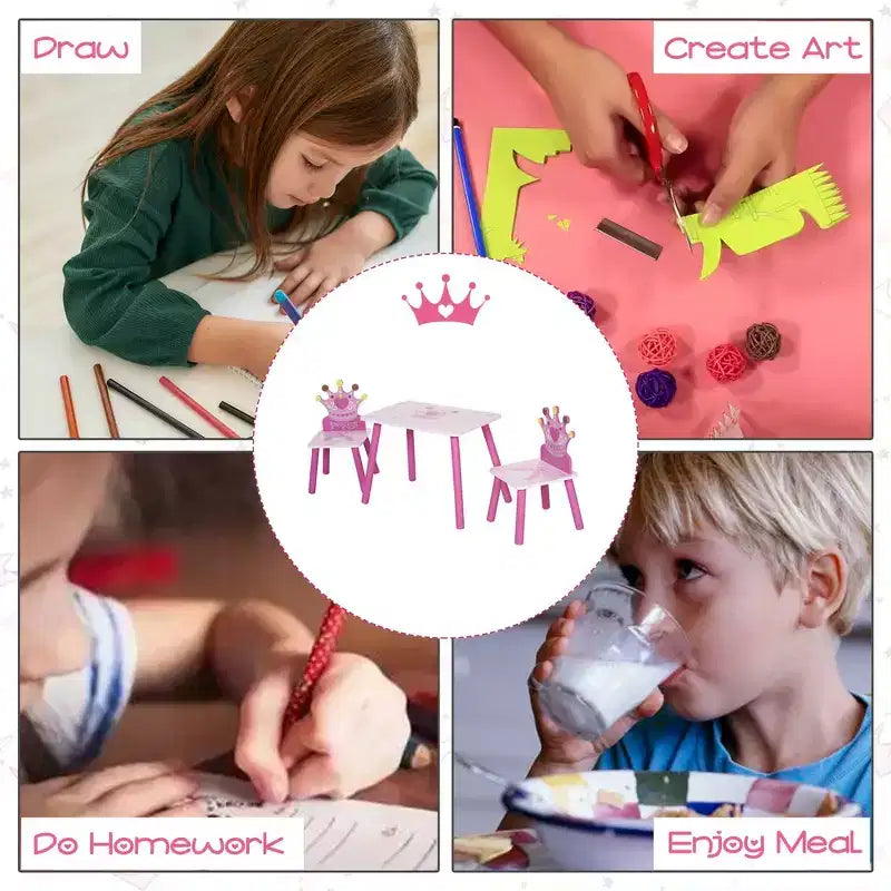 Whisen Set Tavolo e Sedie per Bambini, Scrivania per Bambini con Tavolo in MDF e Legno di Pino, Design Sicuro con Bordi Arrotondati - Rosa
