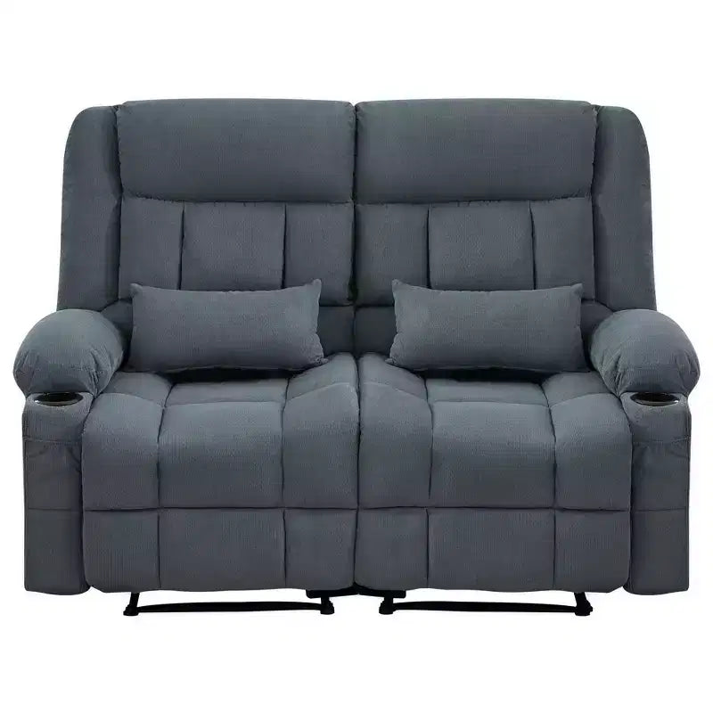 AndMakers 61.81 in. Wide Pillow Top Arm Fabric Rectangle Reclining Sofa with Cupholders
