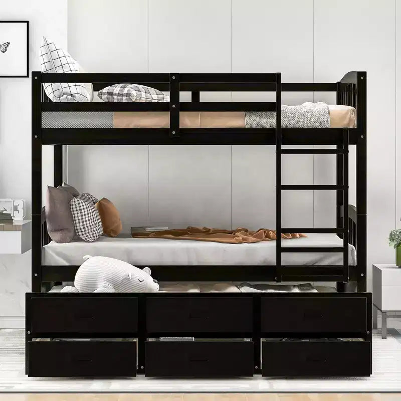 Bellemave Letto a castello in legno singolo su singolo con rotelle e cassetti, nero