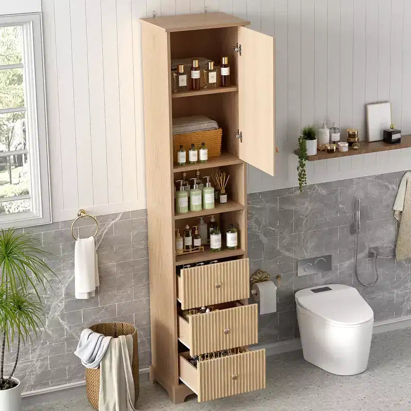 Mobiletto da bagno autoportante con 3 cassetti, ripiano regolabile, ante a chiusura ammortizzata - ModernLuxe