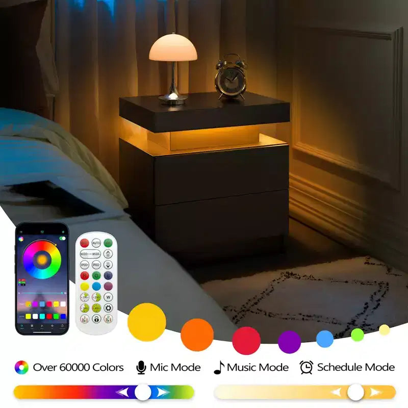 Comodino a LED, comodino moderno con 2 cassetti per camera da letto (nero)