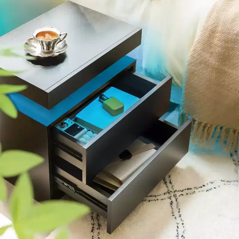 Comodino a LED, comodino moderno con 2 cassetti per camera da letto (nero)